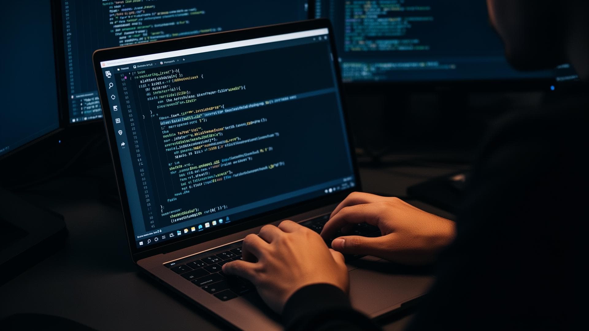 A developer coding on a laptop — AI-powered field service reporting